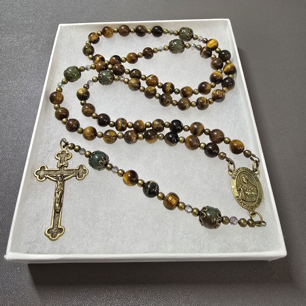 Large One Of A Kind Hand Crafted Rosary Made With Tigers Eye And Moss Agate
